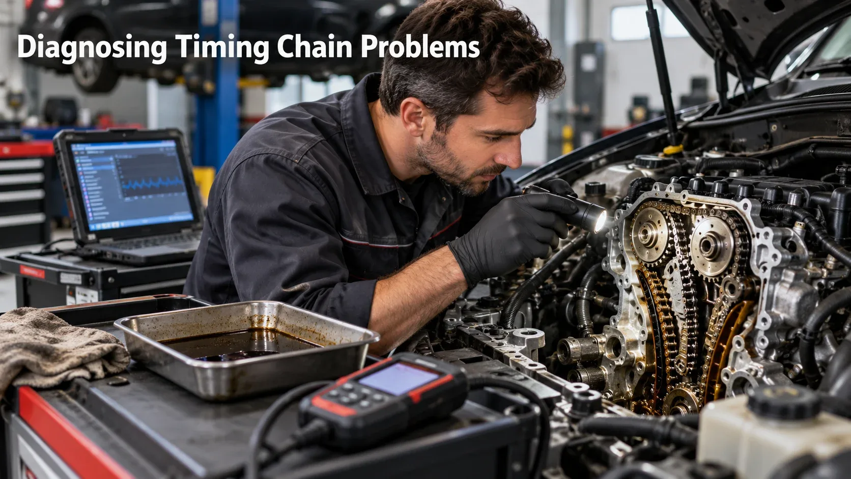Mechanic inspecting an exposed engine timing chain using diagnostic equipment