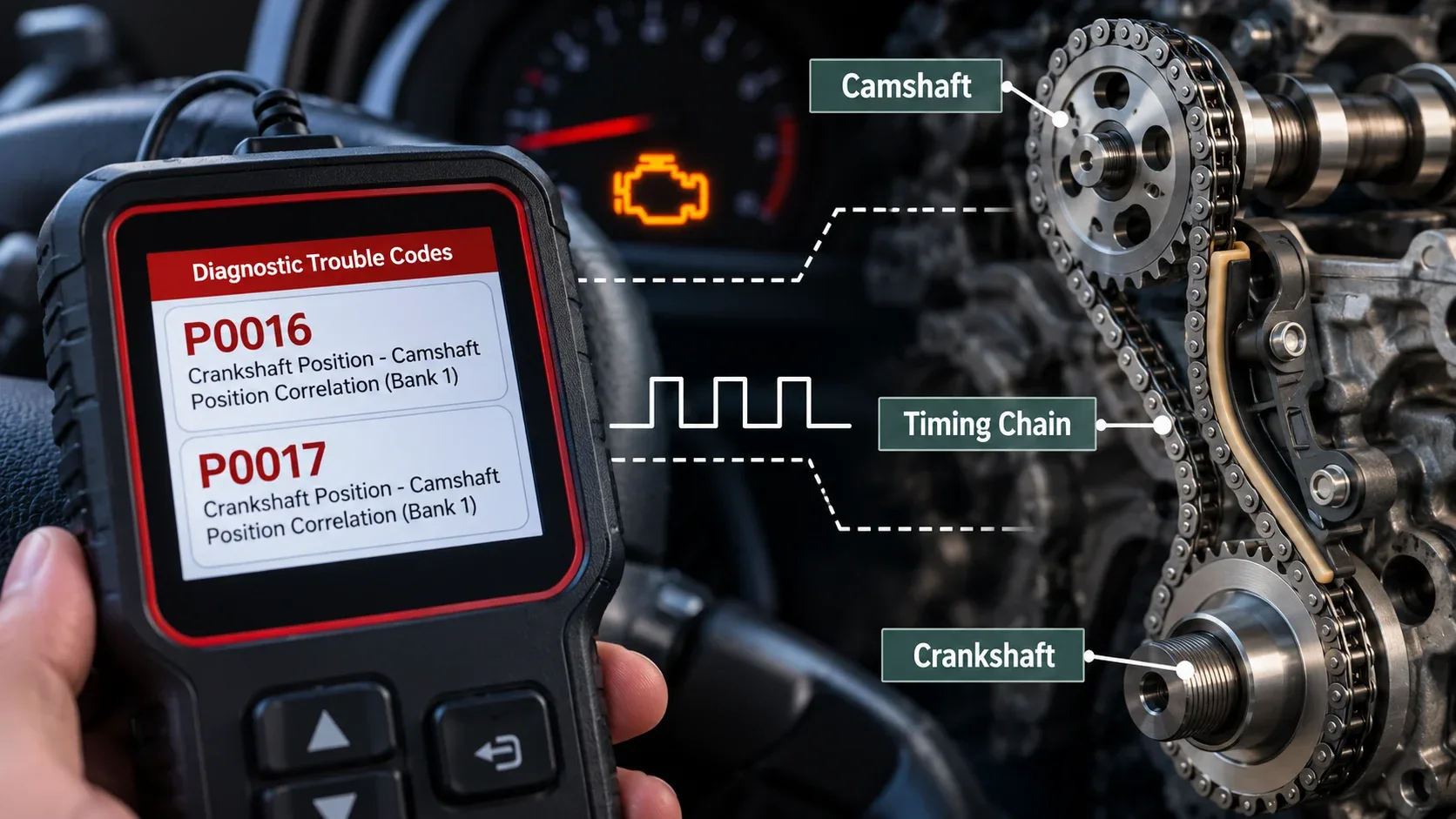 OBD scanner showing P0016 and P0017 trouble codes alongside camshaft and crankshaft timing components