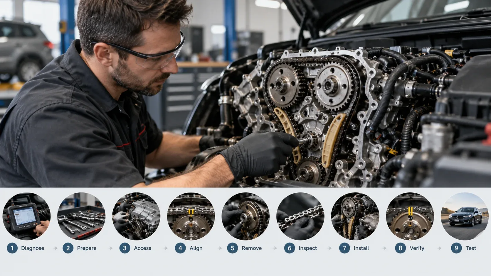 Professional timing chain replacement process showing diagnosis, engine preparation, chain removal, installation and testing