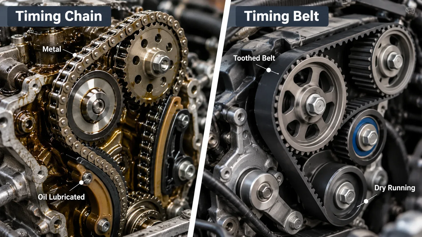 Timing chain versus timing belt comparison showing metal chain and reinforced toothed belt