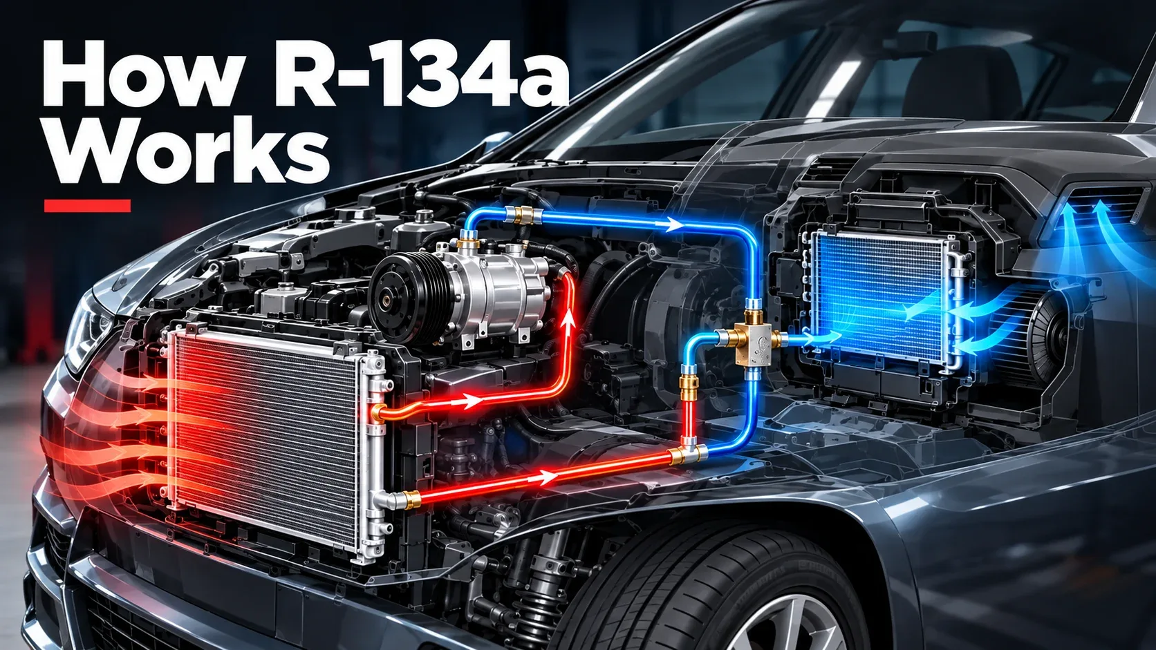 R-134a automotive air conditioning system cutaway showing refrigerant flow and cooling components