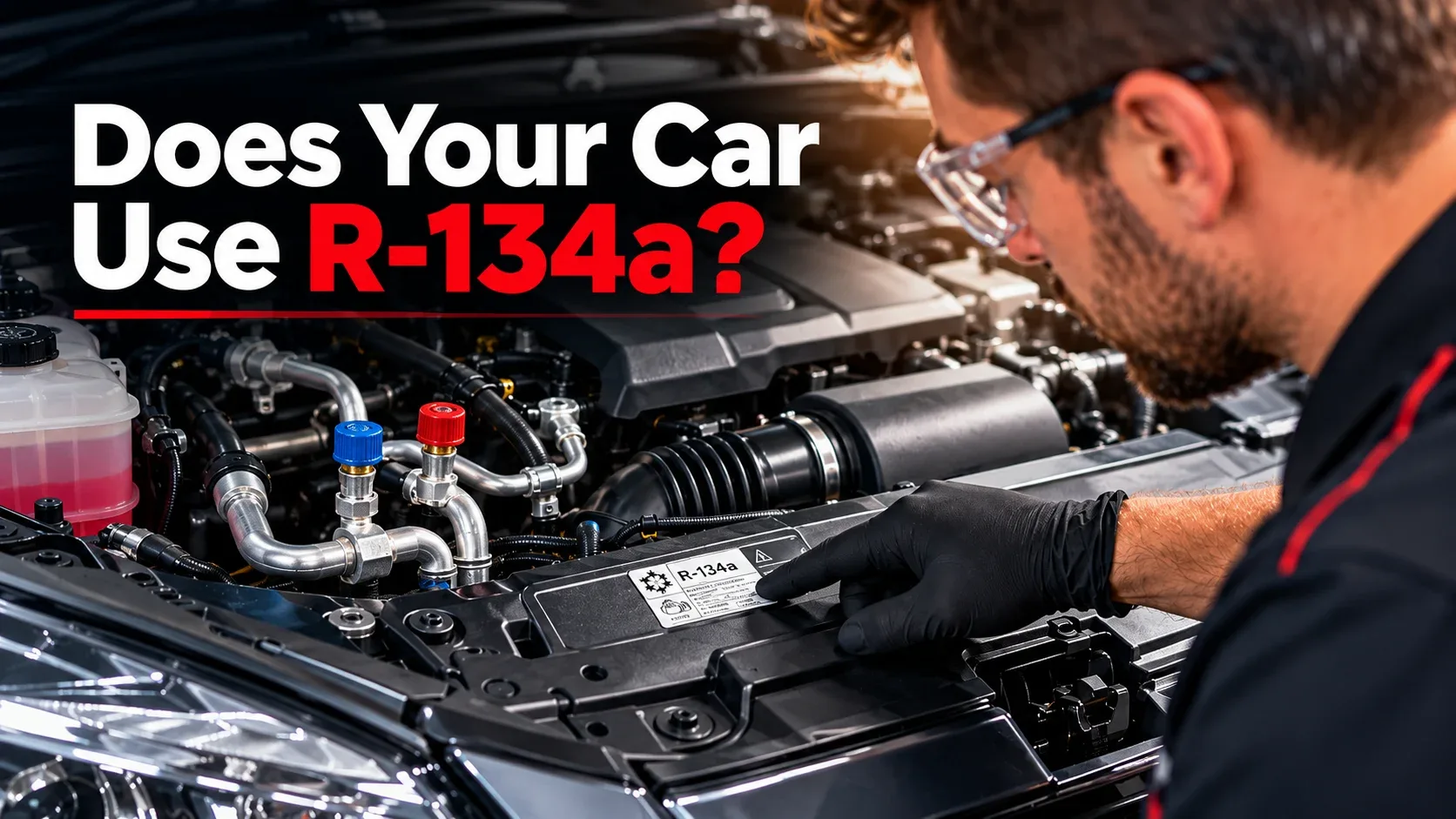 Mechanic checking the R-134a refrigerant identification label under a vehicle hood