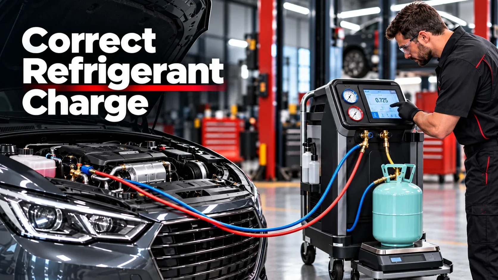 Professional automotive AC service station measuring the correct refrigerant charge