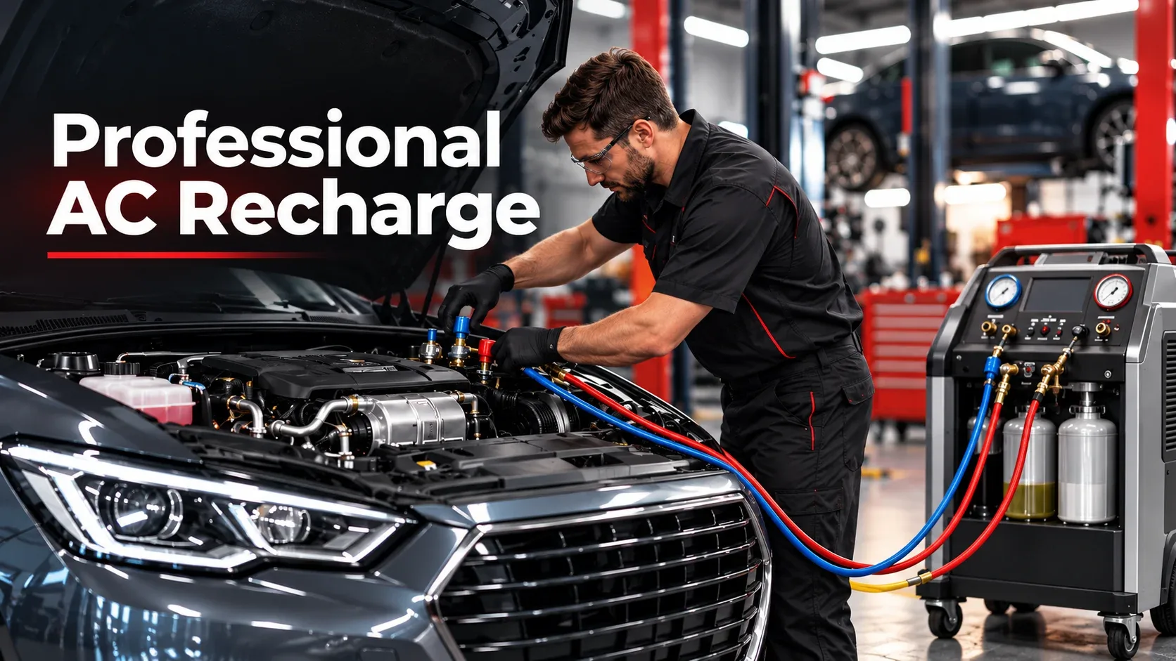 Automotive technician recharging a car AC system using professional refrigerant service equipment