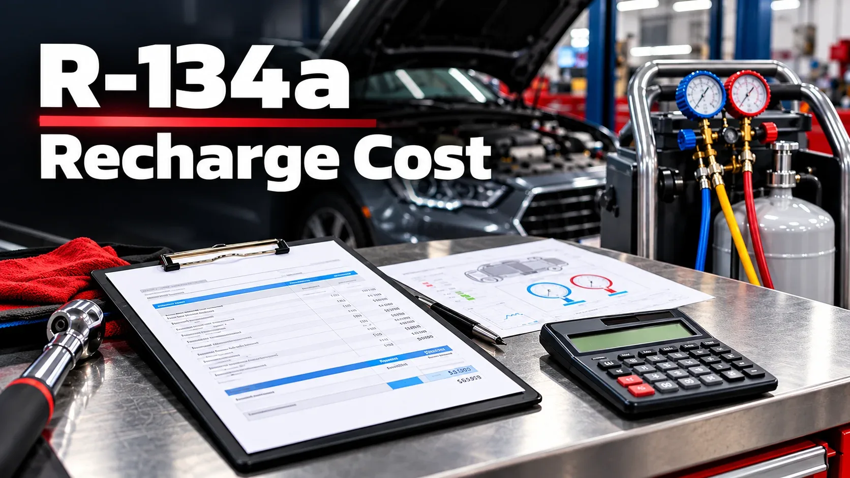 Automotive AC recharge cost estimate with service equipment and calculator