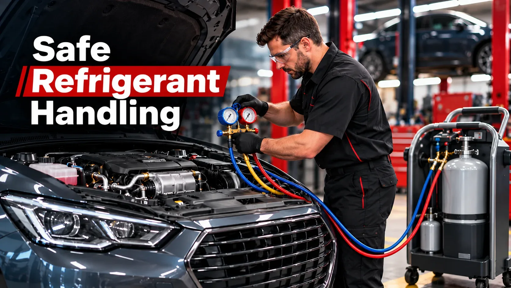 Technician using protective equipment while handling car AC refrigerant