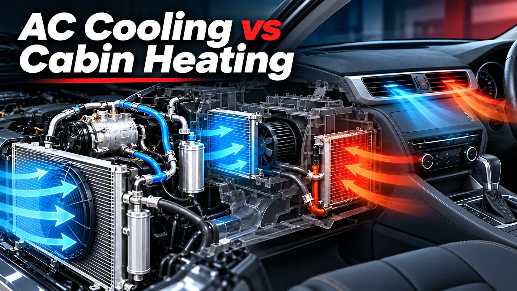 Diagram comparing car AC cooling components and cabin heating airflow