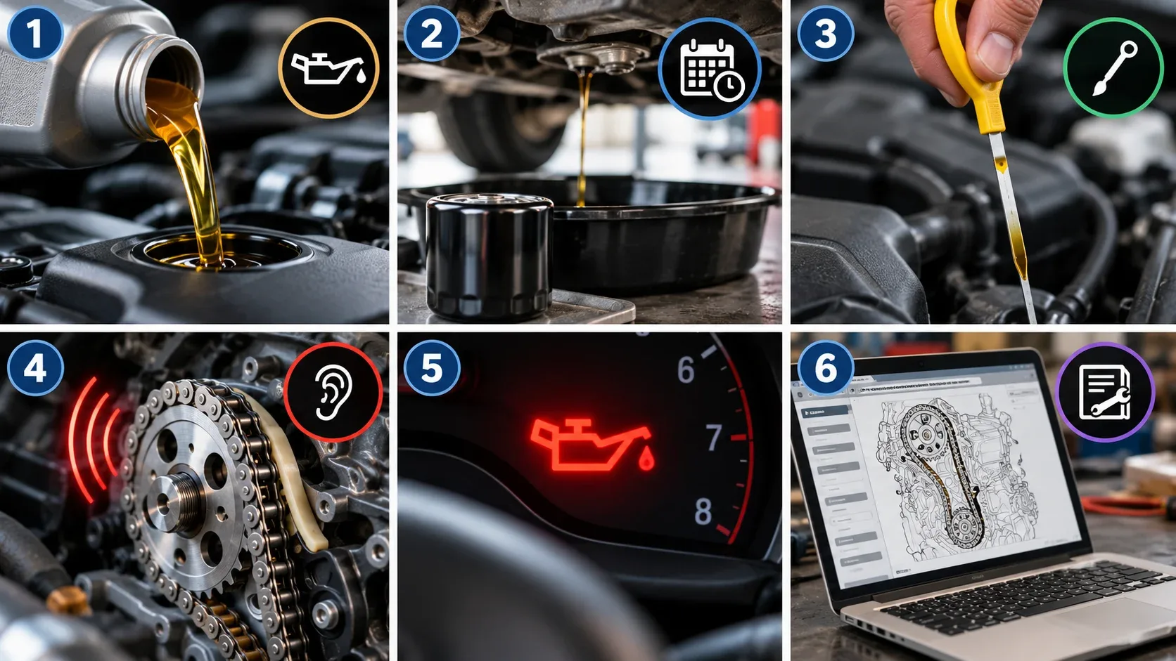 Preventive timing chain maintenance including correct engine oil, oil changes, oil level inspection, noise checks and service information