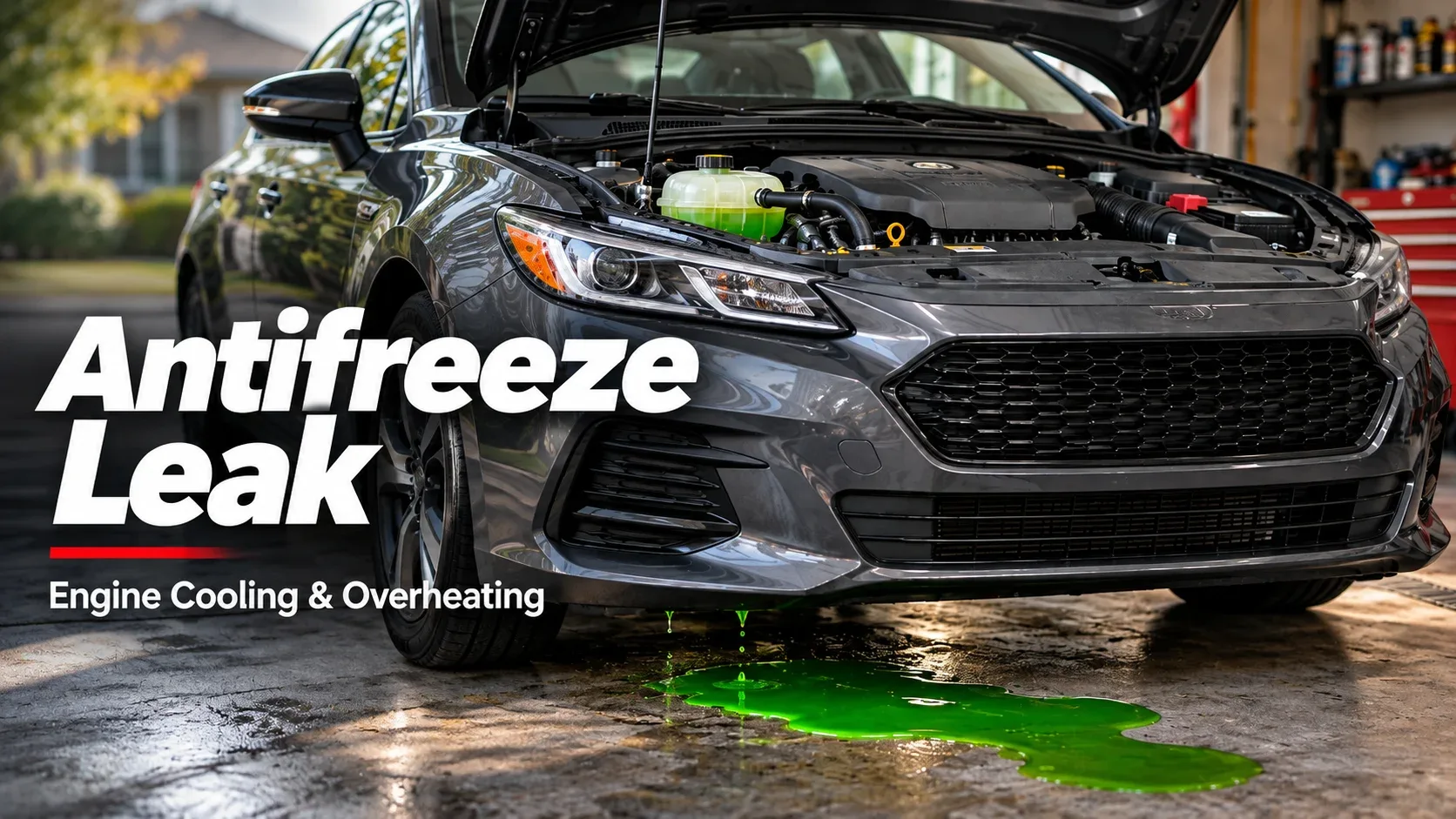 Antifreeze leak beneath vehicle with green coolant puddle and open hood
