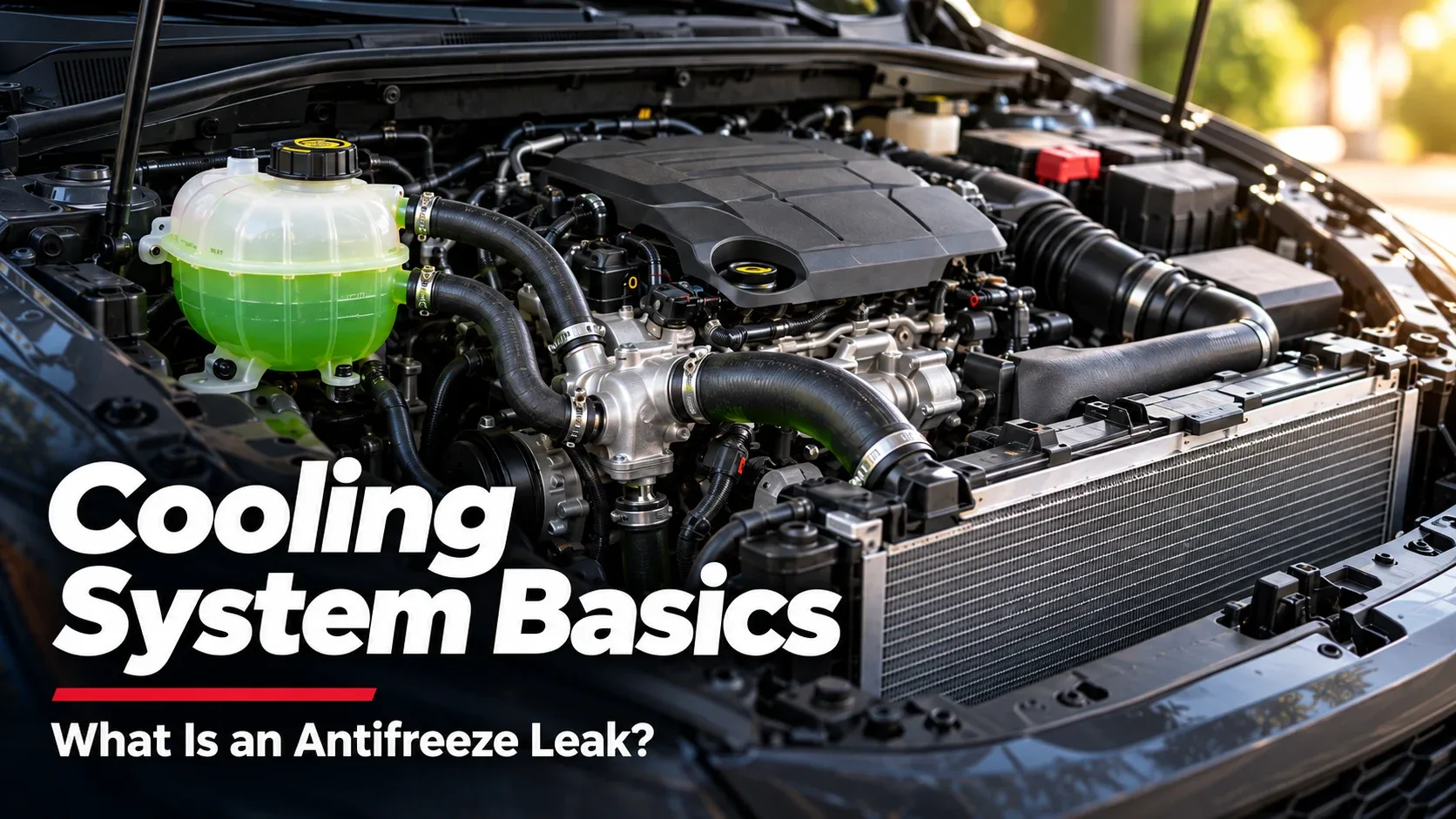 Cooling system basics showing coolant reservoir, radiator, and hoses
