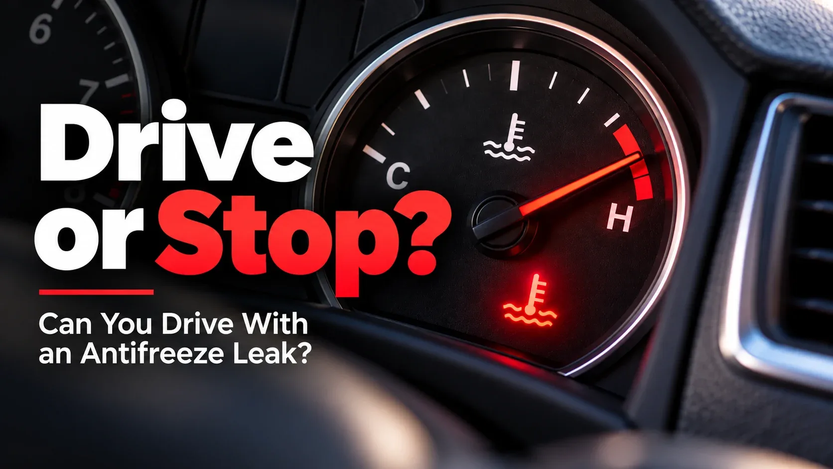 Engine temperature warning gauge asking whether to drive or stop with an antifreeze leak