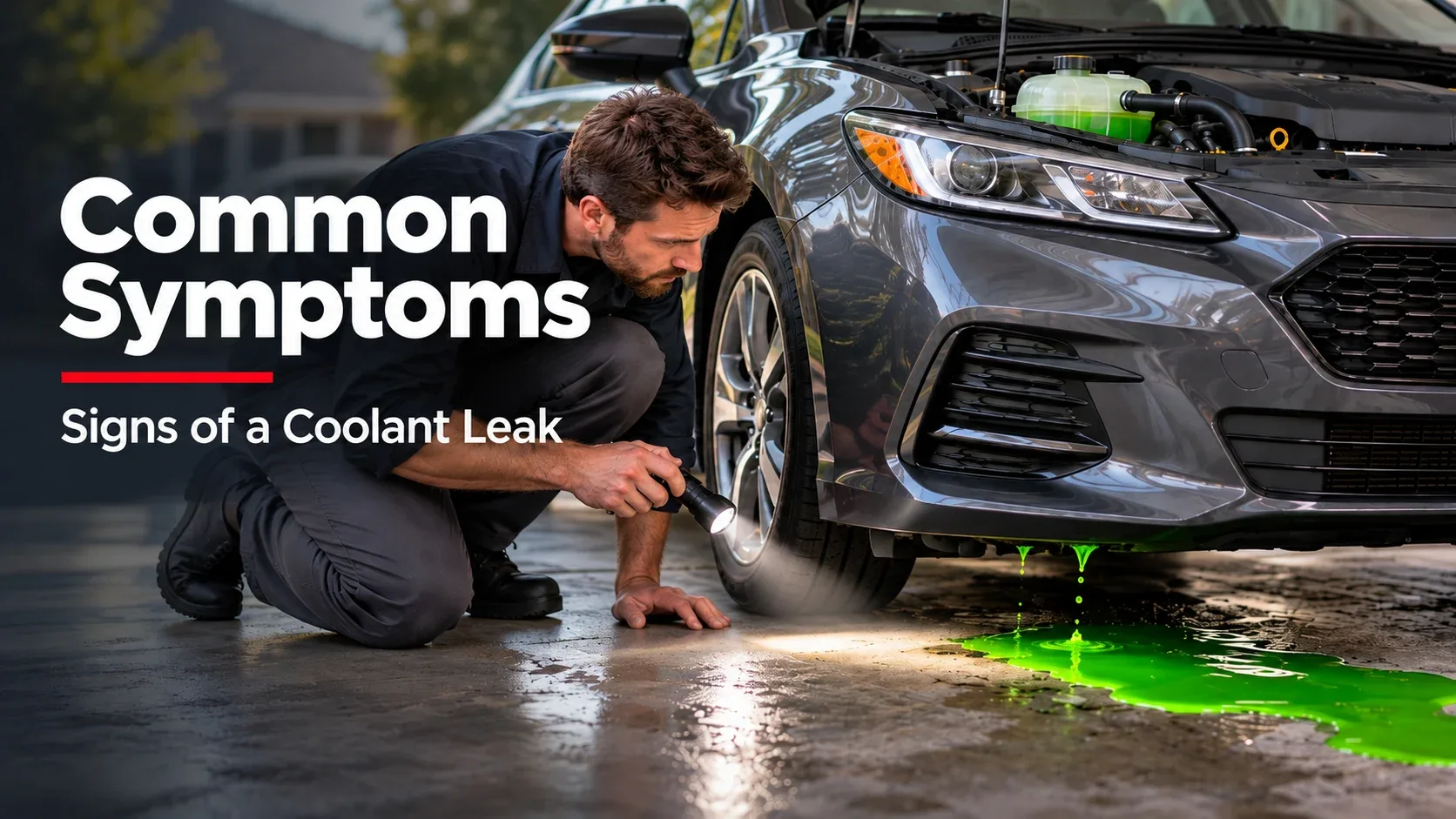 Mechanic inspecting green coolant puddle beneath car for leak symptoms