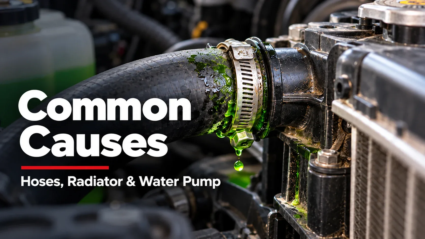 Leaking radiator hose connection showing common antifreeze leak causes