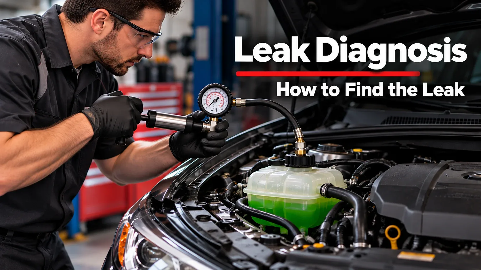 Mechanic using cooling system pressure tester to diagnose antifreeze leak