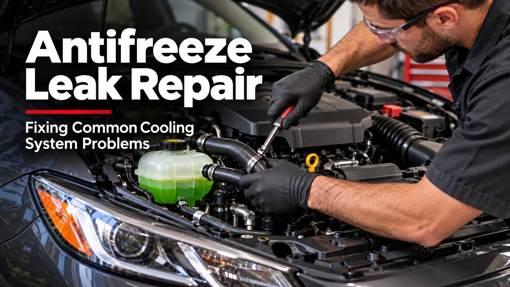 Mechanic repairing an antifreeze leak by working on coolant hose connection
