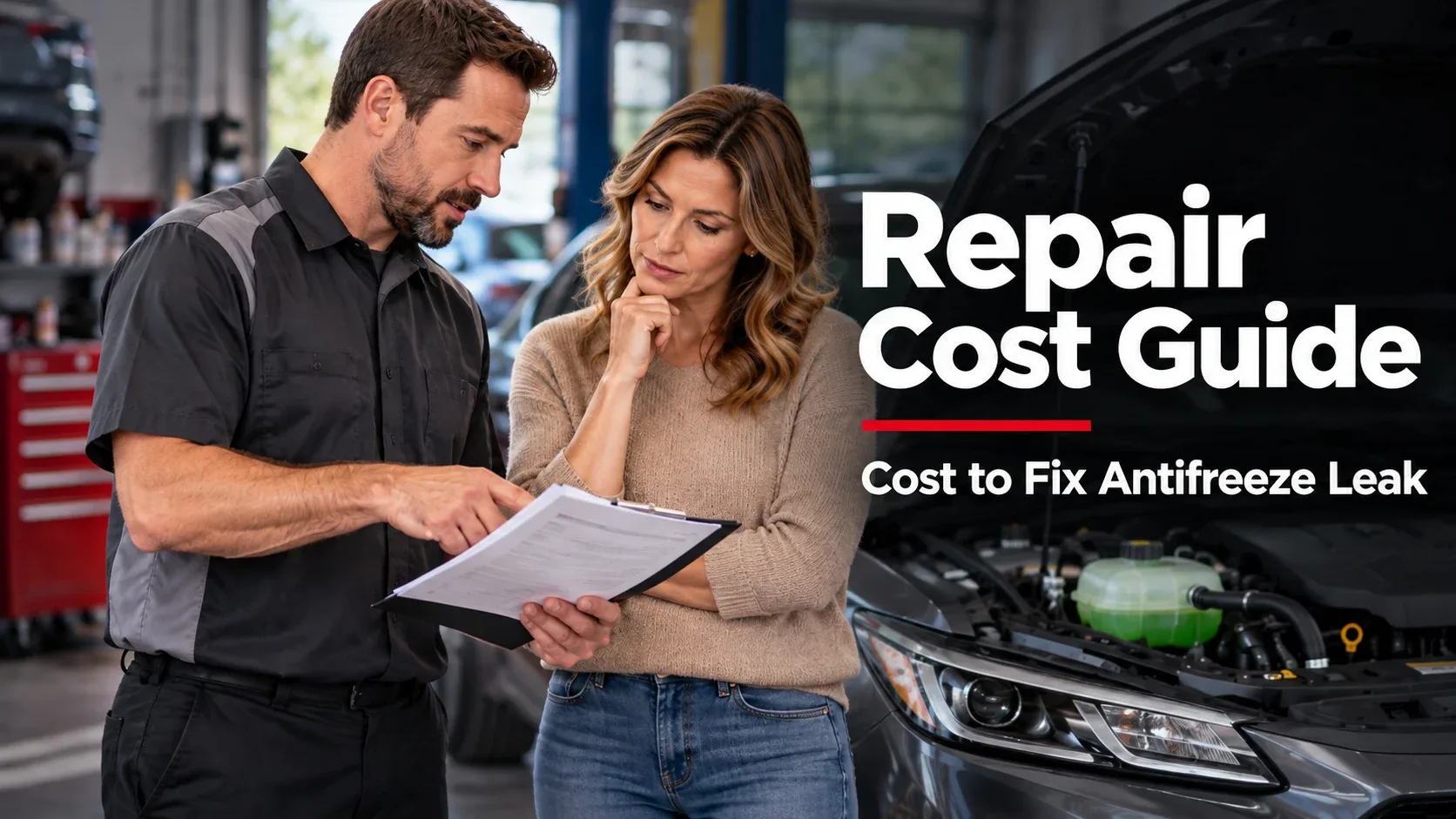 Mechanic explaining estimated antifreeze leak repair cost to car owner