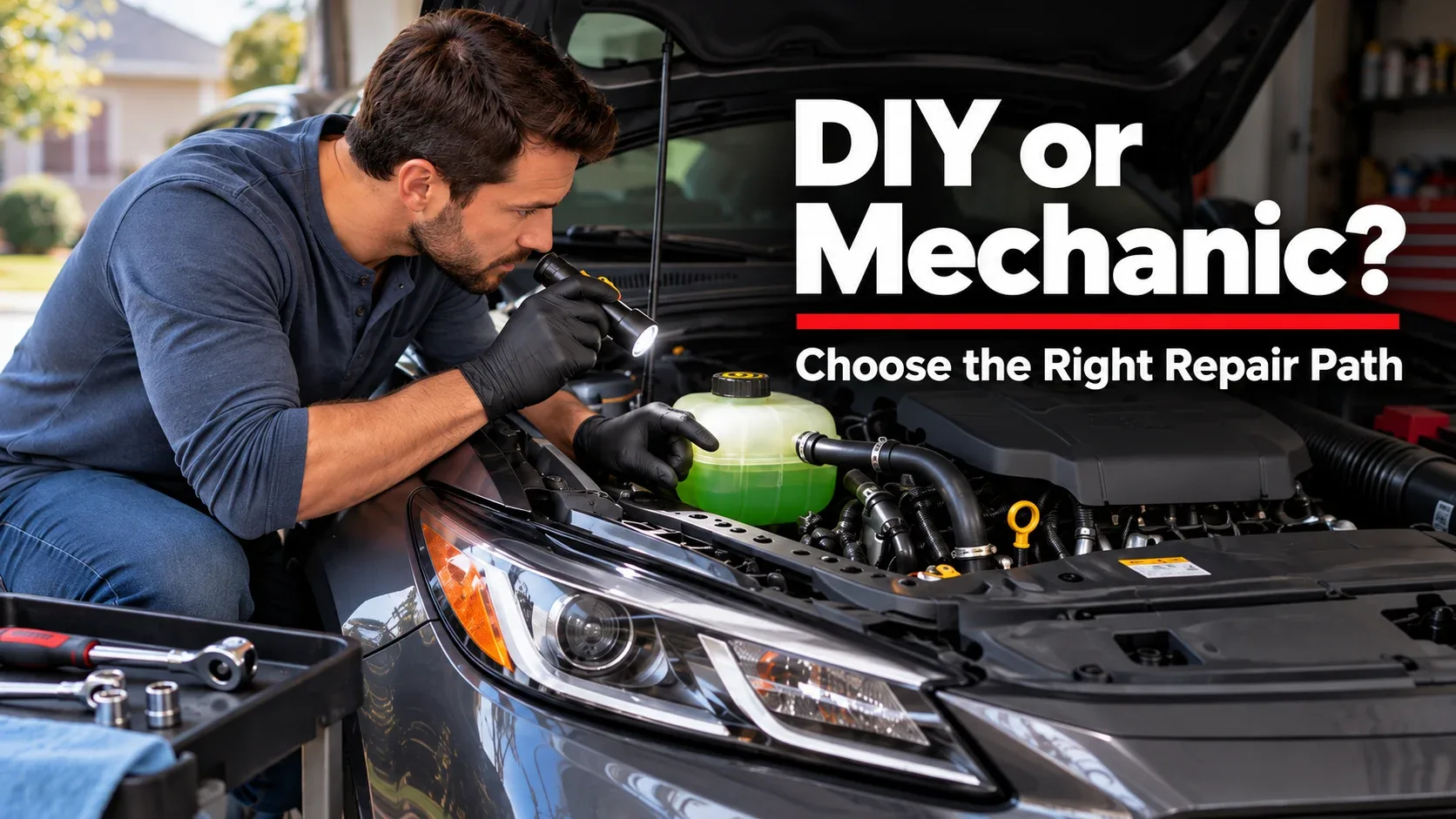 DIY vehicle owner examining engine cooling system to decide on professional repair