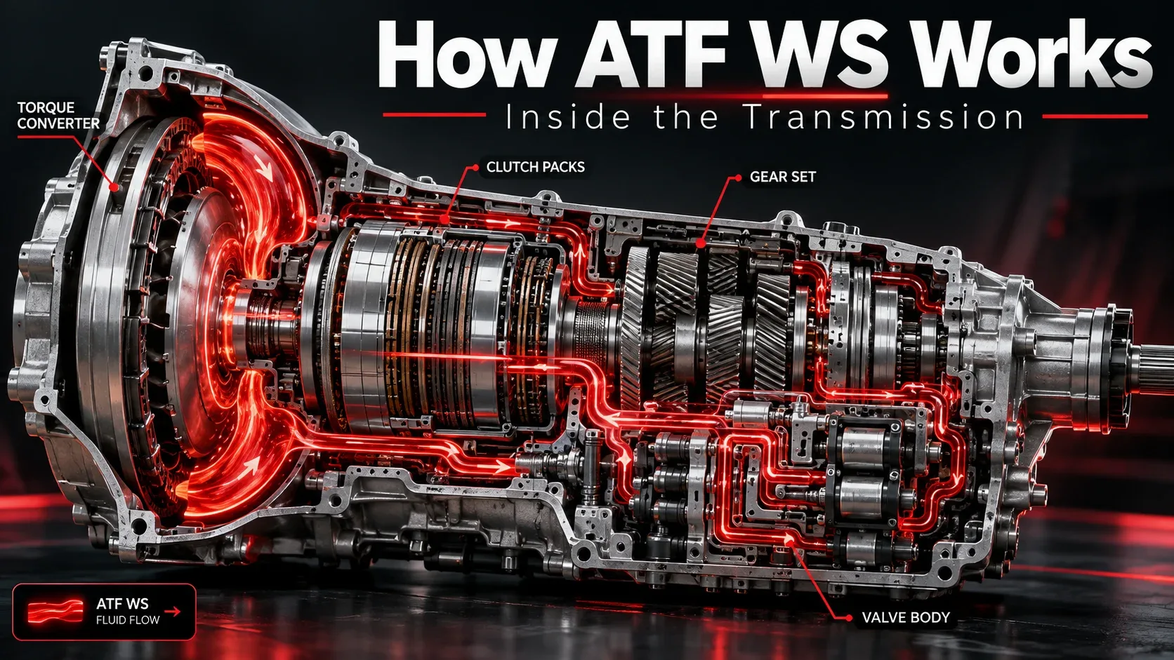 Automatic transmission cutaway explaining how Toyota ATF WS works