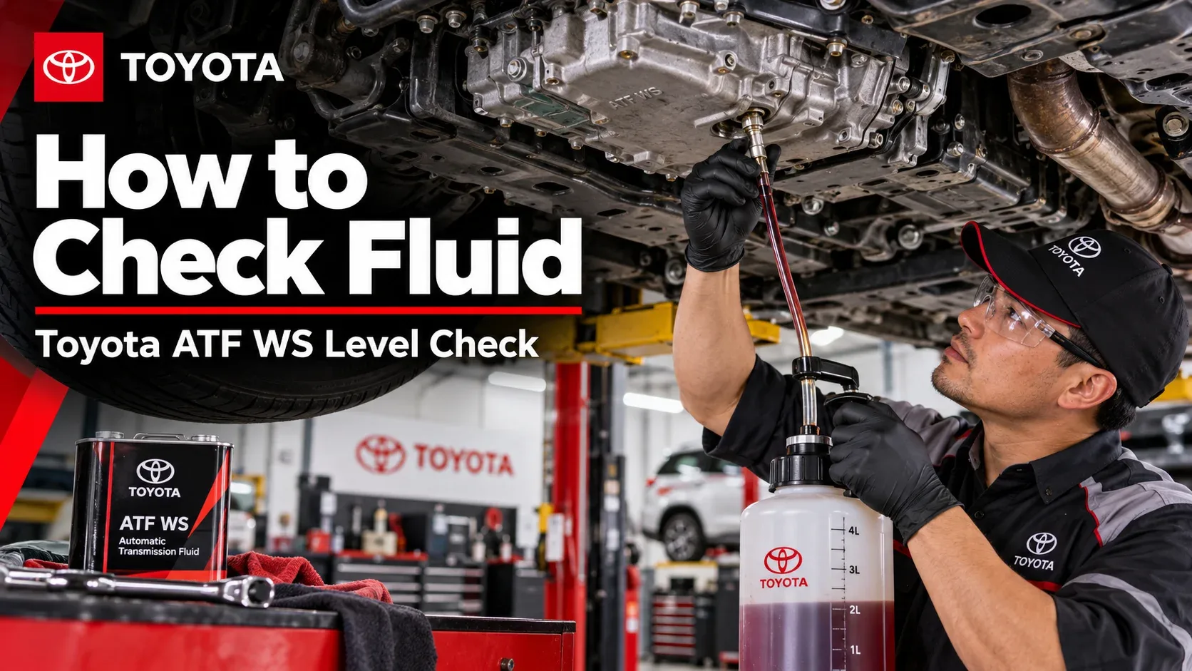 Mechanic checking Toyota ATF WS transmission fluid level