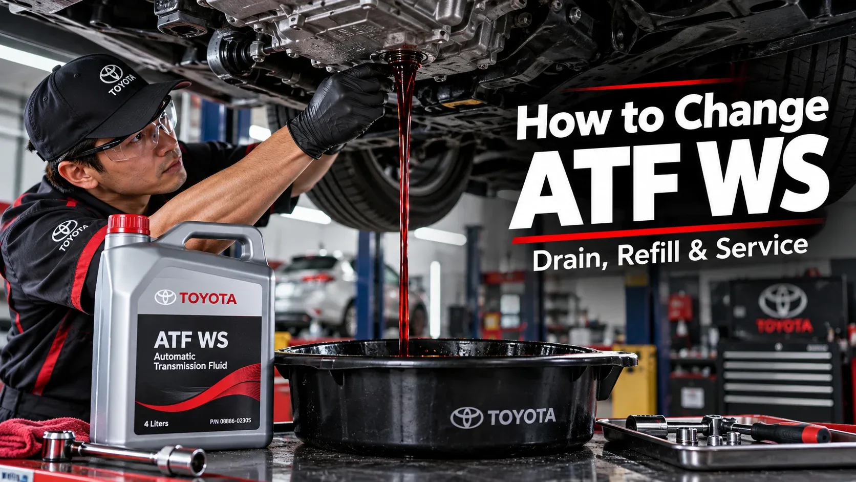 Technician draining Toyota ATF WS during transmission service