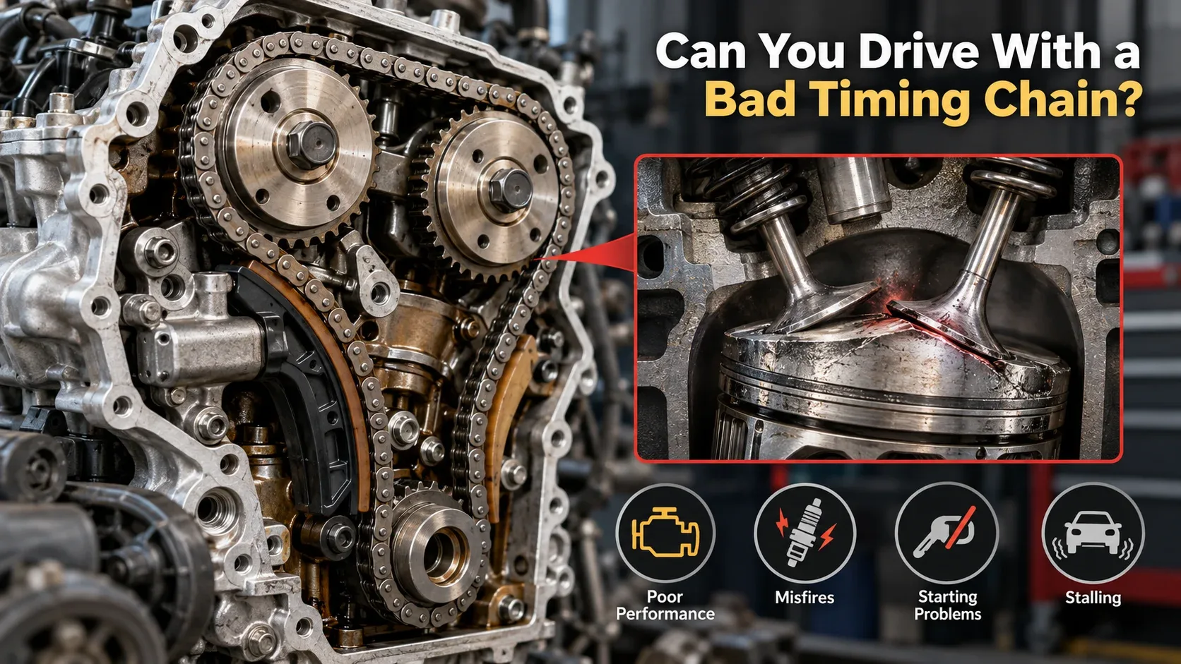 Bad timing chain illustrating piston and valve collision risk and potential internal engine damage