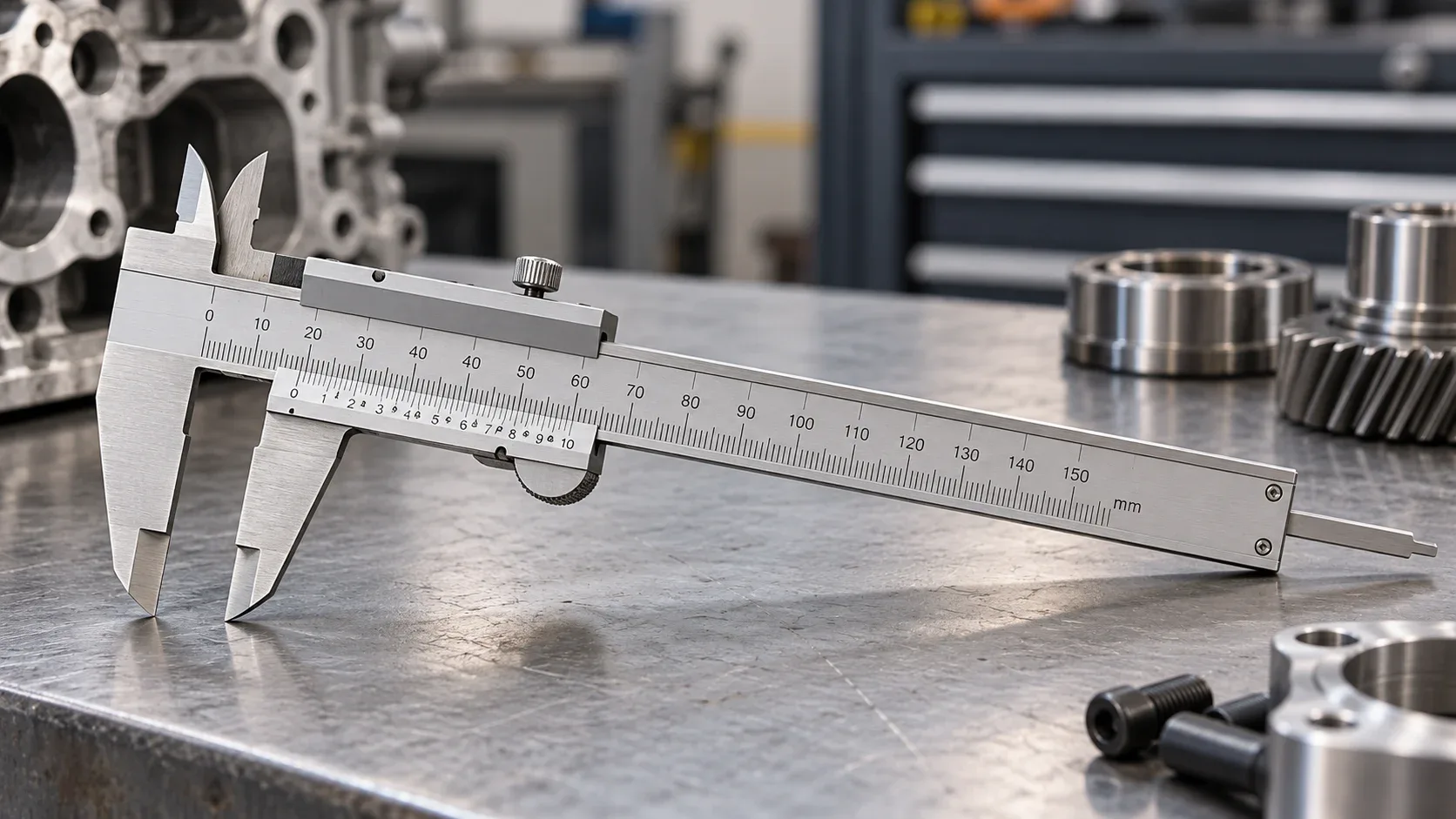 Stainless steel vernier caliper on an automotive workshop workbench
