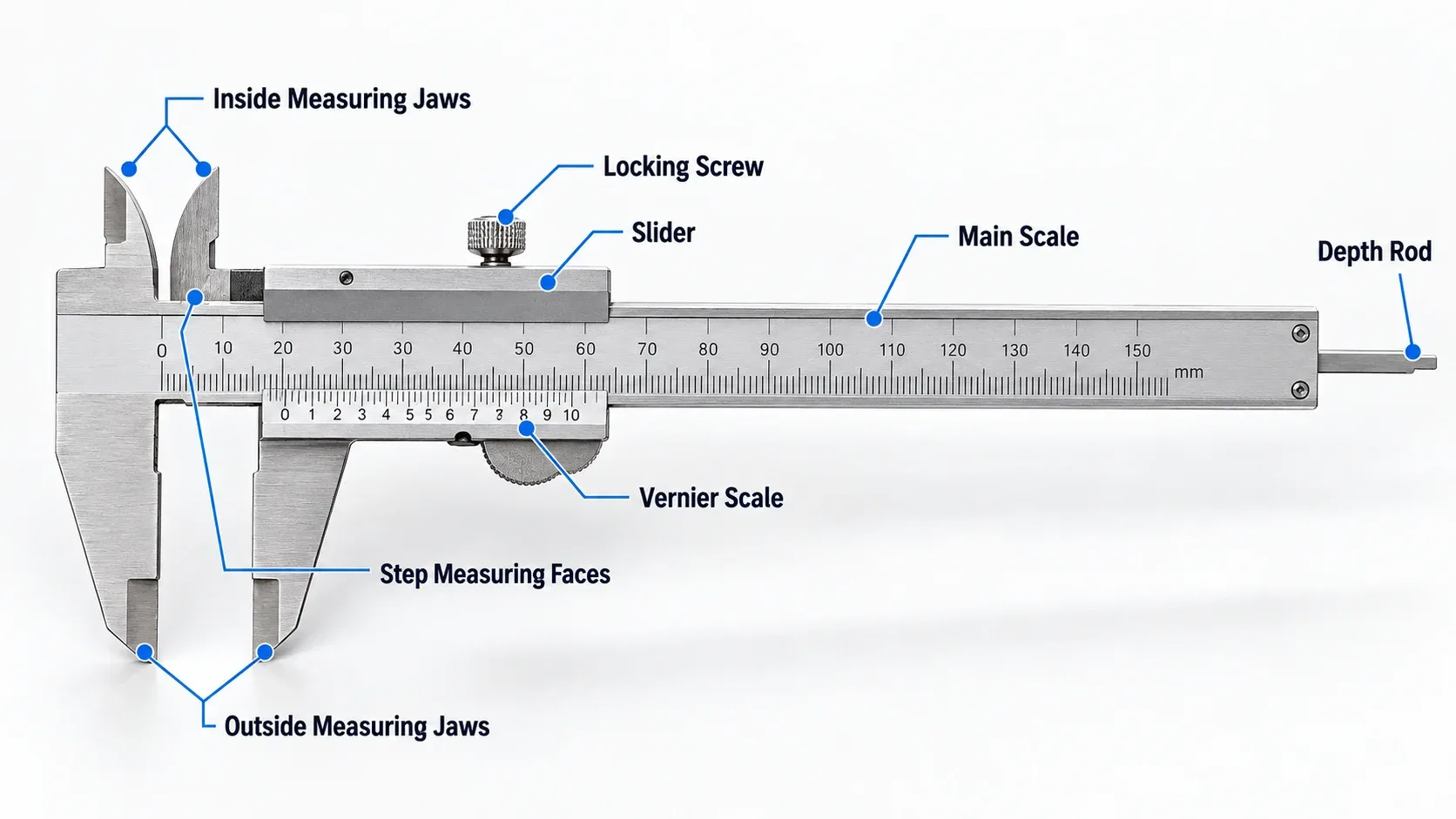 Labeled parts of a vernier caliper including jaws, scales, slider and depth rod