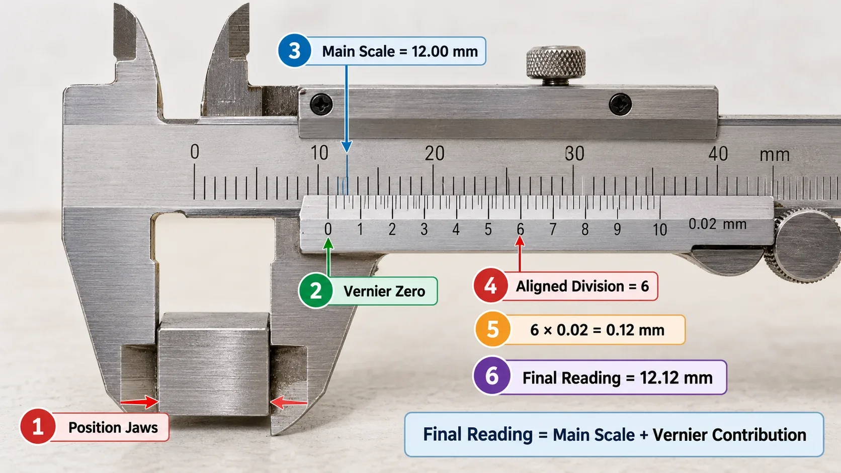 Vernier caliper reading example with a calculated measurement of 12.12 millimeters