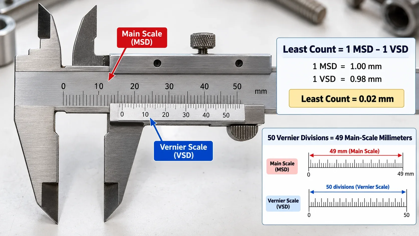 Least count calculation for a vernier caliper with 0.02 millimeter resolution