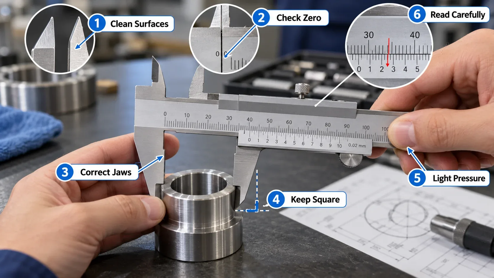 Proper vernier caliper measurement technique including cleaning, zero checking and alignment