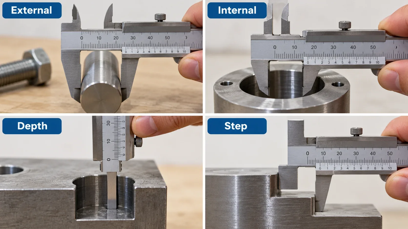 Four vernier caliper measurement methods: external, internal, depth and step