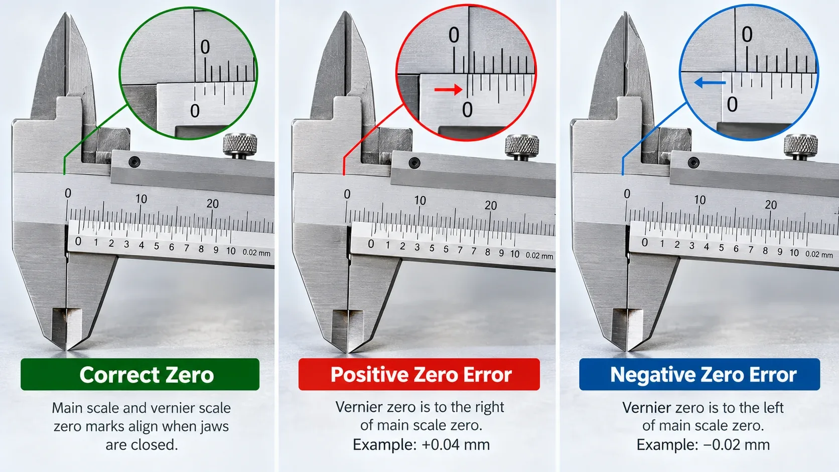 Correct zero, positive zero error and negative zero error in a vernier caliper