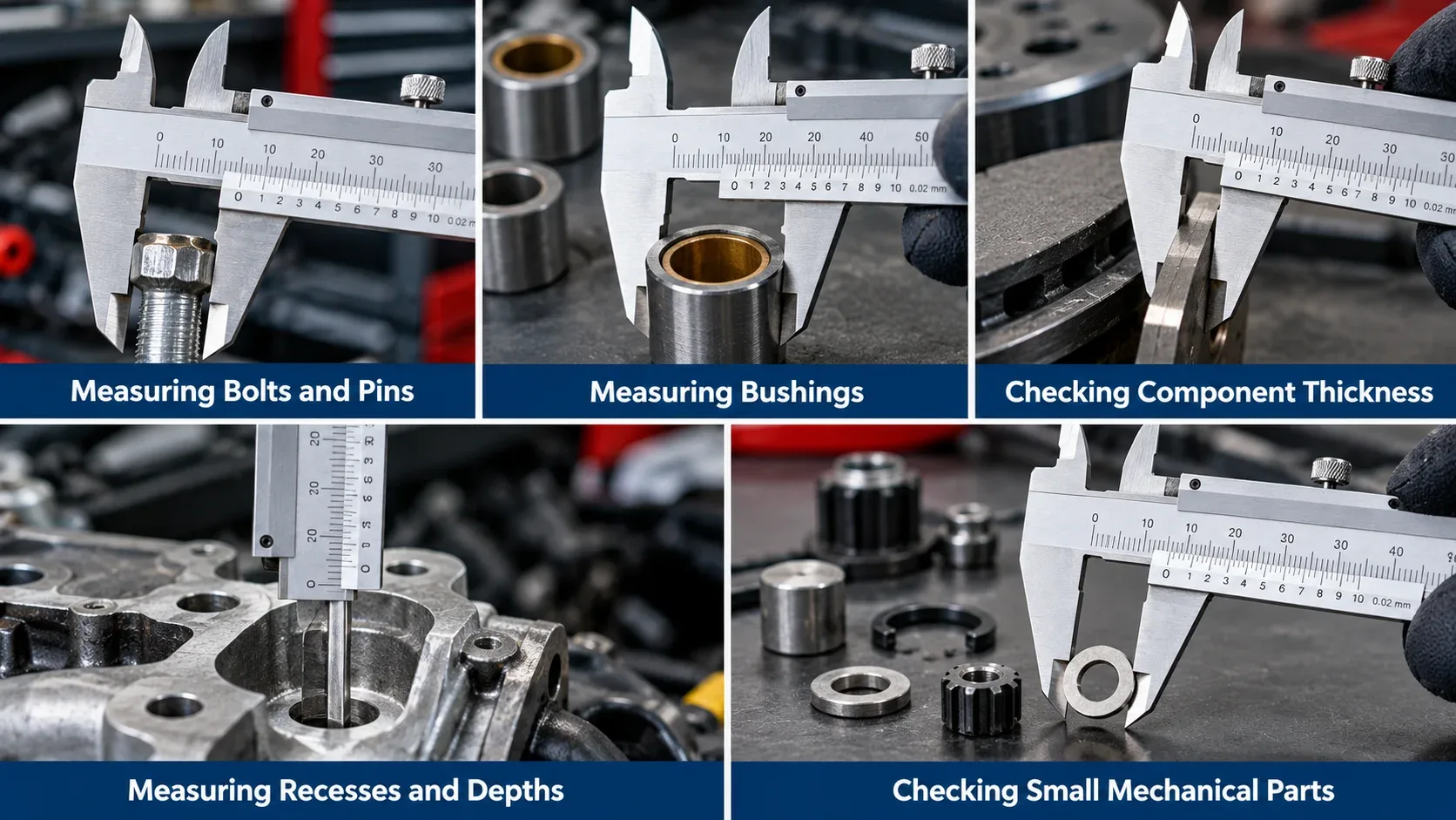 Vernier caliper measuring automotive bolts, bushings, component thickness and recess depth
