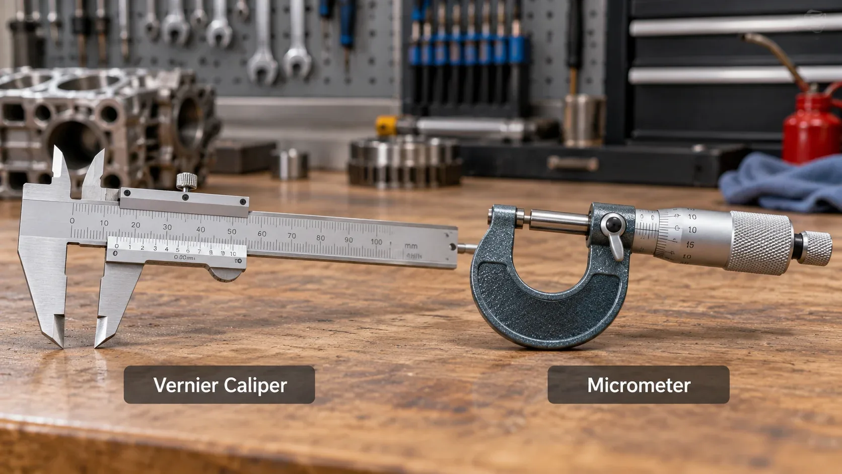 Vernier caliper and mechanical micrometer compared side by side