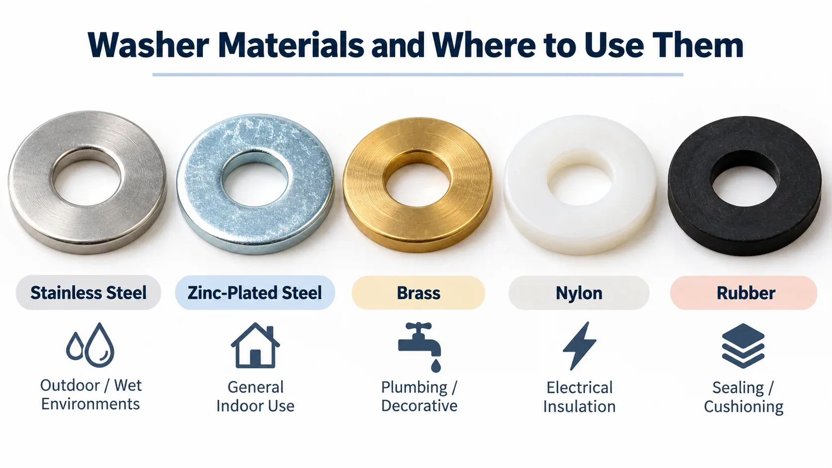 Washer materials comparison including stainless steel zinc plated steel brass nylon and rubber