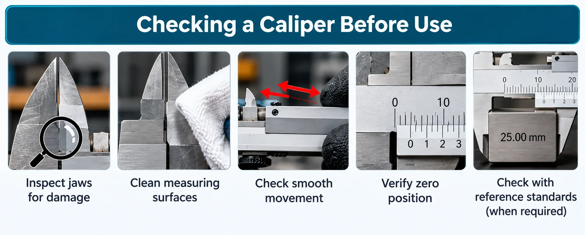 Vernier caliper pre-use checks including jaw inspection, cleaning, slider movement, zero position and reference standard verification
