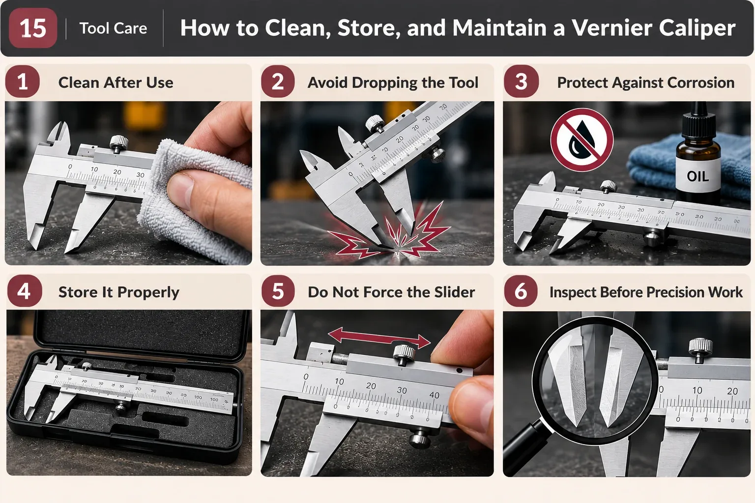 Vernier caliper cleaning, corrosion prevention, protective storage, slider care and inspection