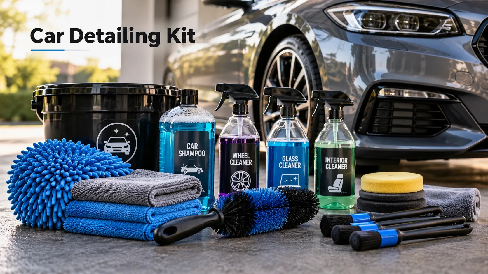 Complete car detailing kit with car shampoo wash mitt microfiber towels brushes and cleaning products