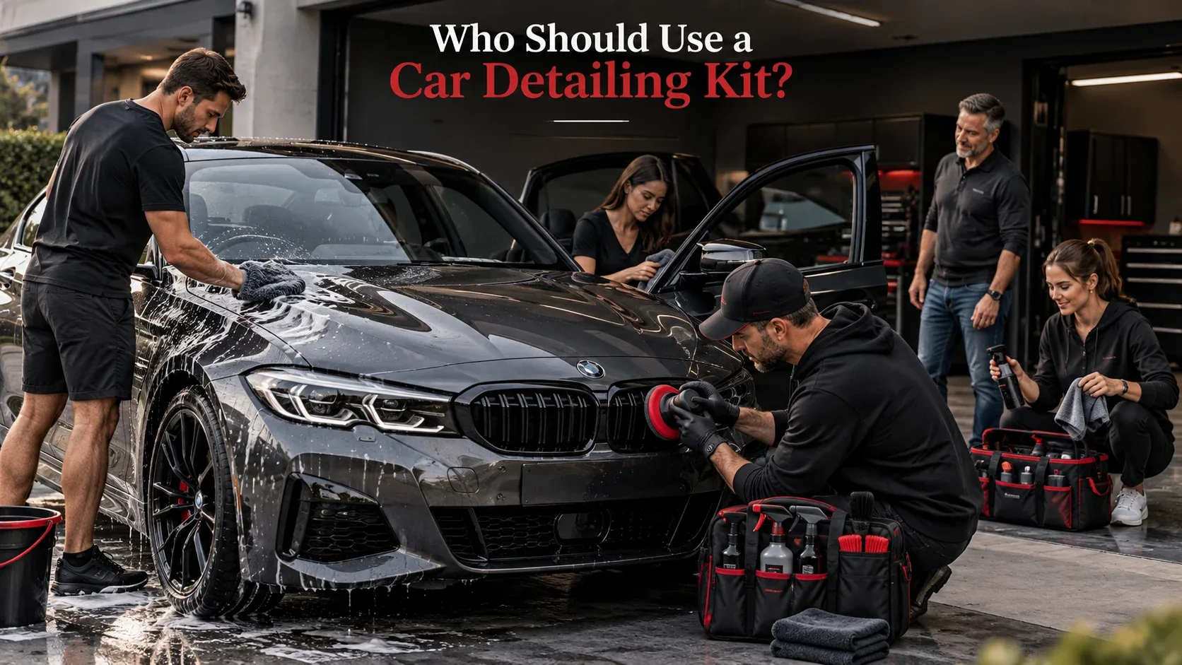 Car owners and automotive enthusiasts using detailing supplies to care for a vehicle