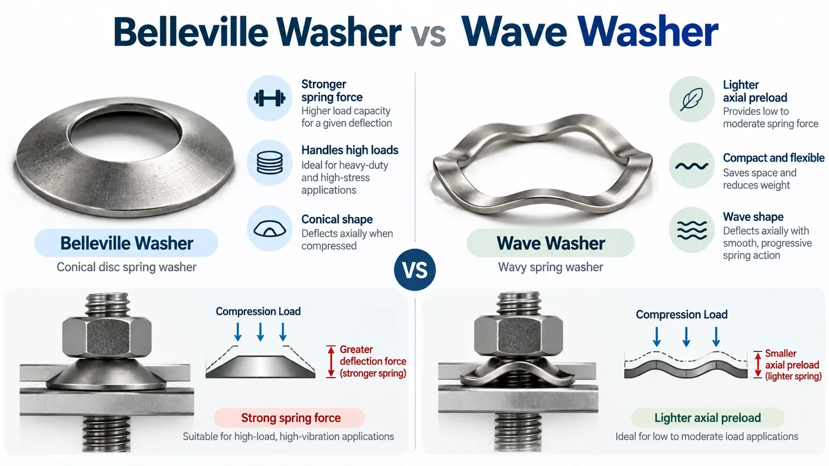 Belleville washer versus wave washer comparison showing spring force and axial preload