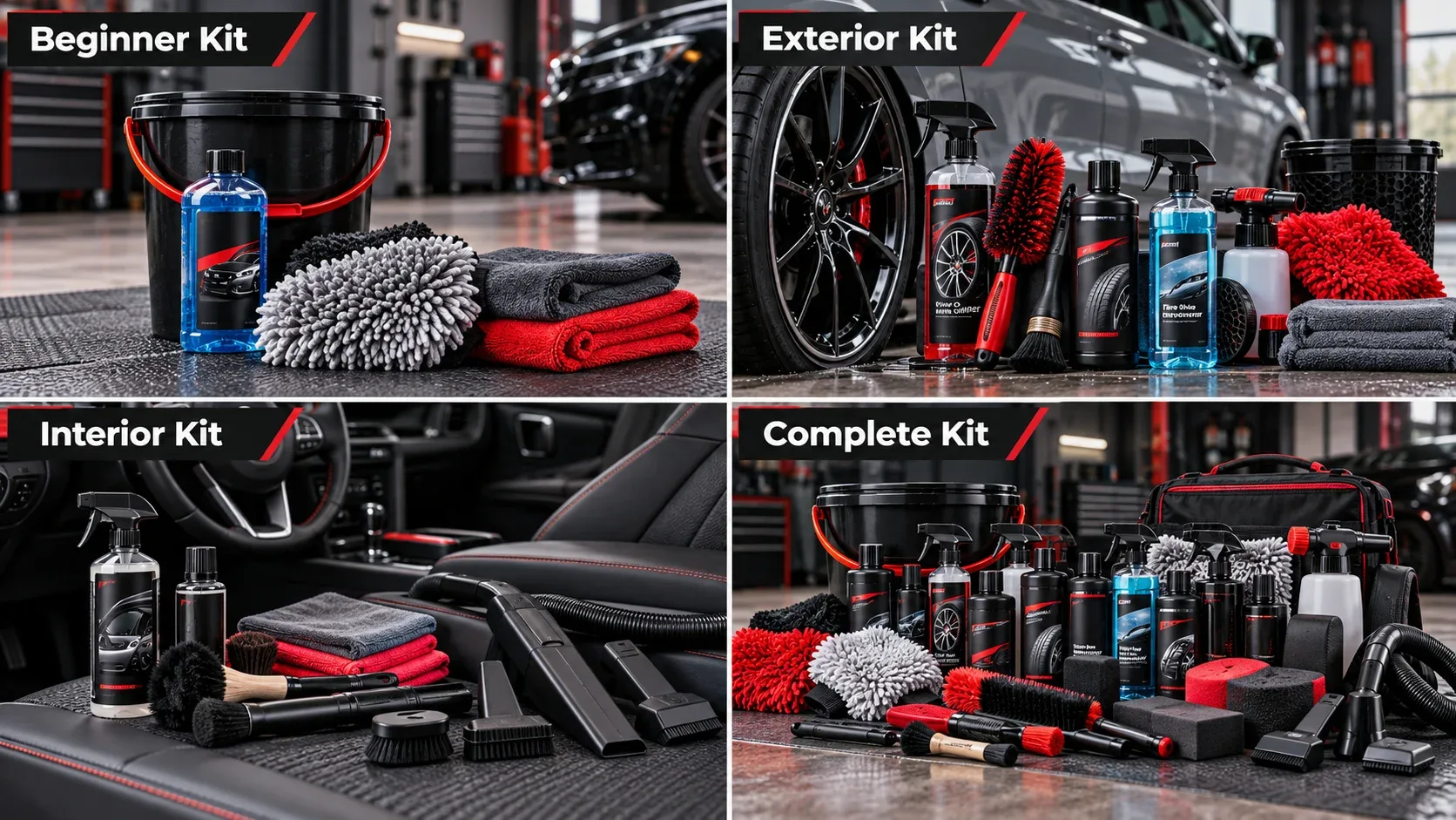 Different car detailing kit categories including beginner exterior interior and complete kits