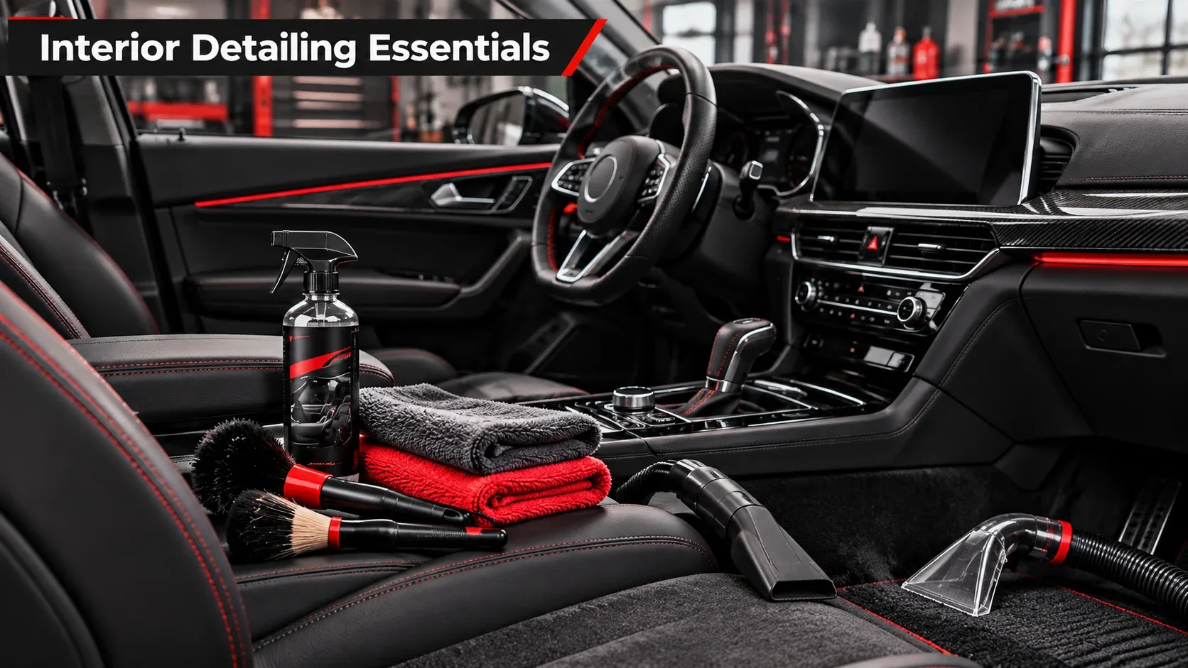 Car interior detailing essentials including microfiber towels brushes and interior cleaning products