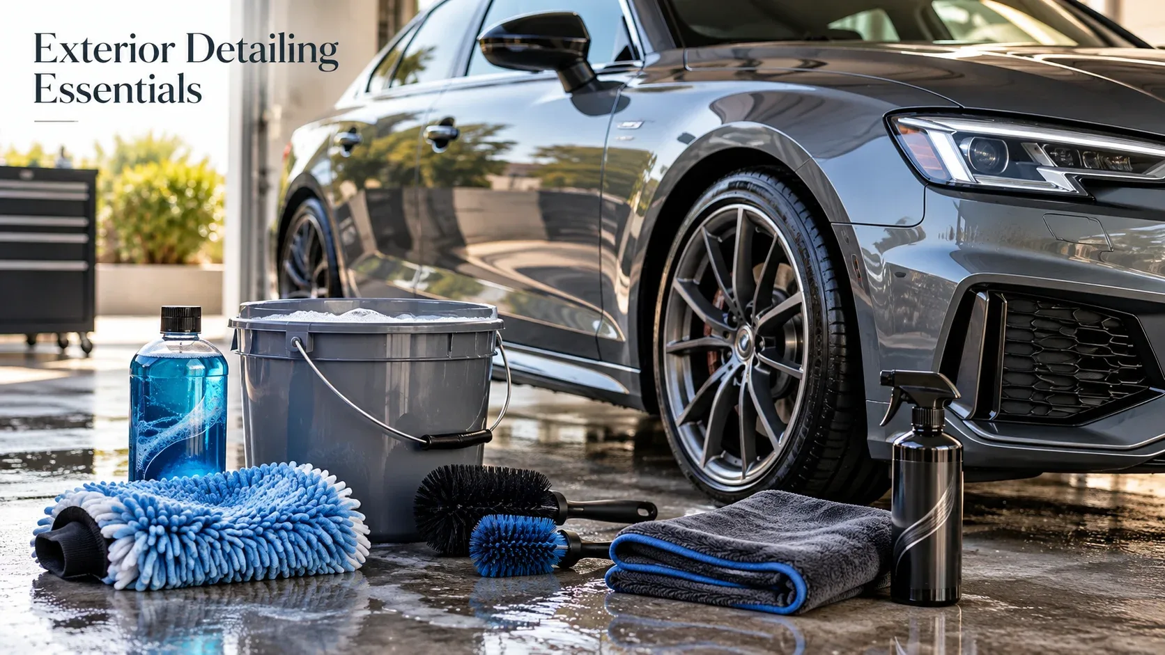 Exterior car detailing tools including shampoo wash mitt wheel brushes bucket and drying towel
