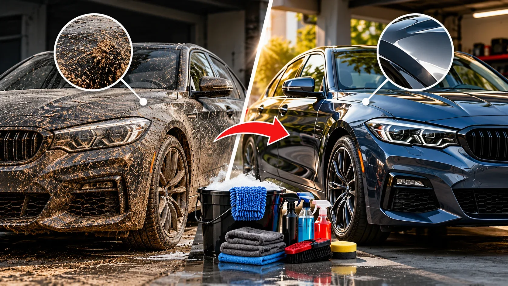 Dirty and clean car comparison showing how vehicle condition affects detailing requirements