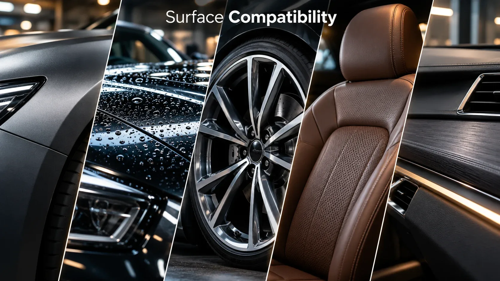 Automotive surface compatibility including paint wheel finish leather upholstery and interior trim
