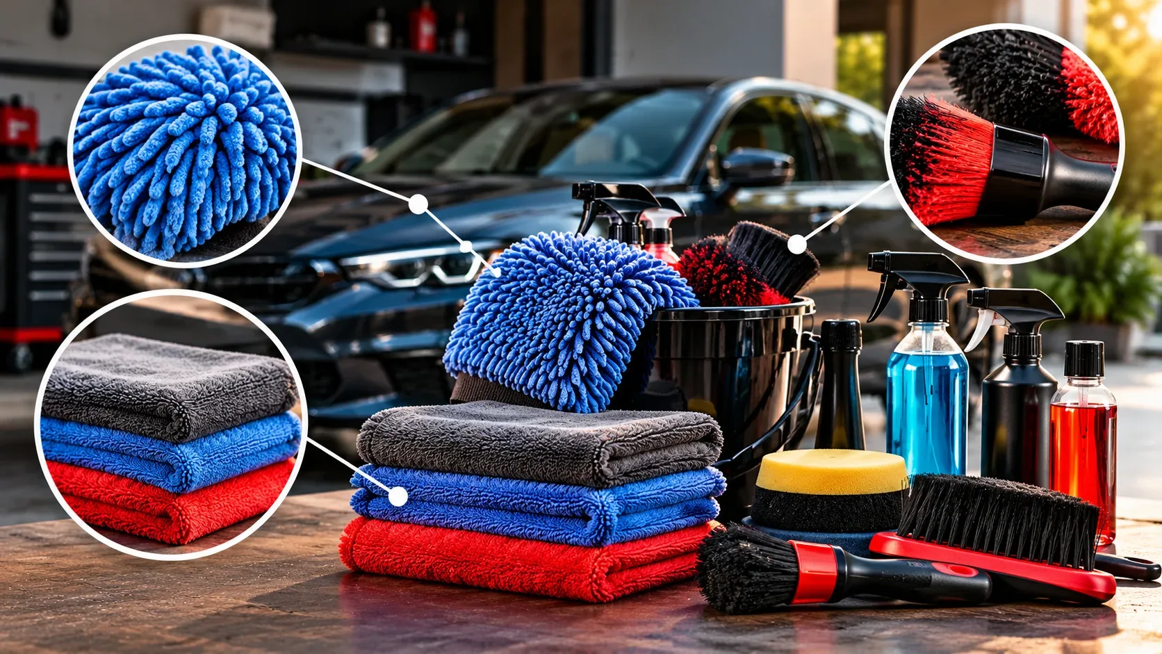 Close-up of microfiber towels wash mitt and detailing brush accessories