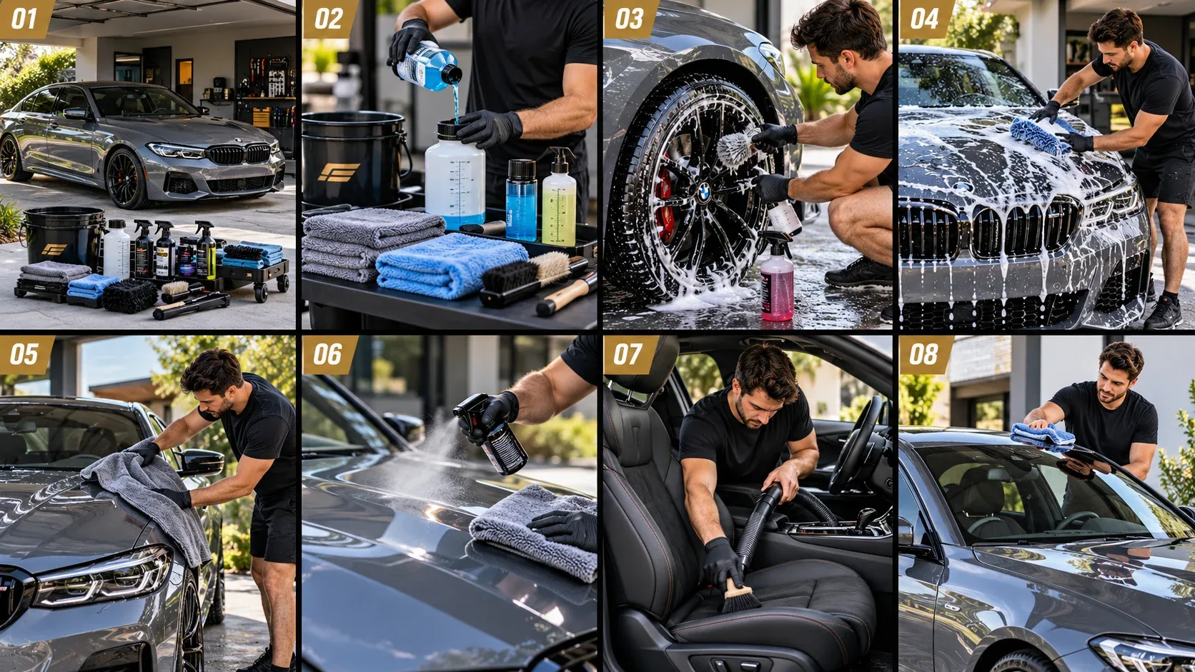 Eight-step car detailing tutorial showing preparation wheel cleaning car washing drying paint protection and interior cleaning