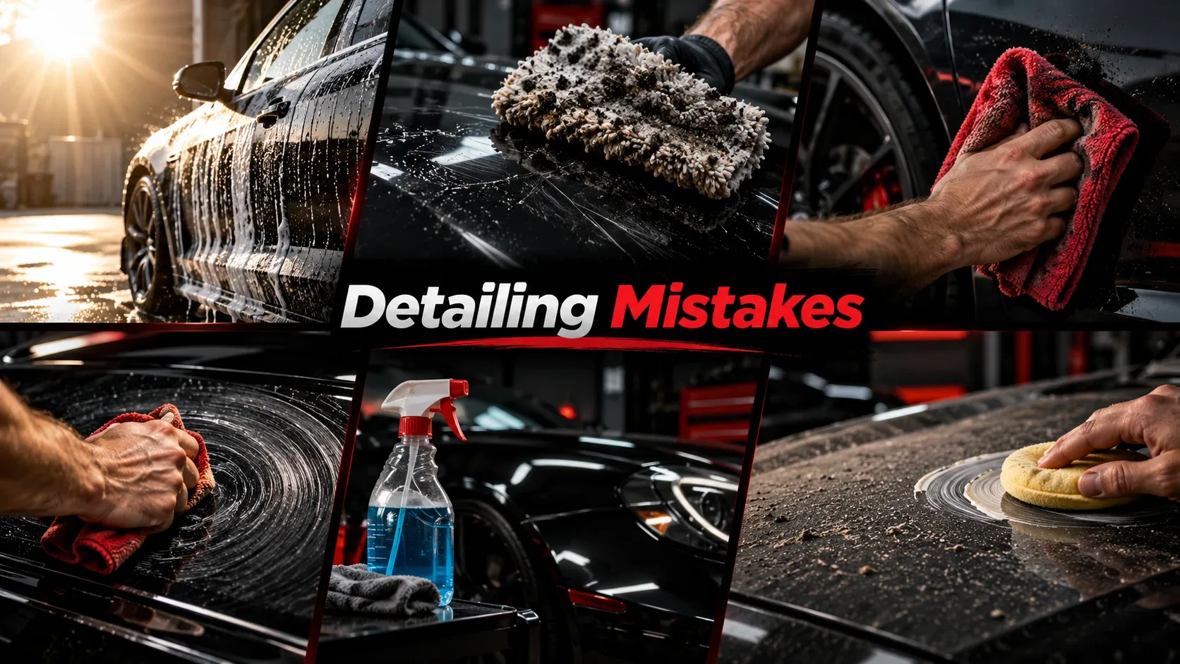 Common car detailing mistakes including dirty wash mitts washing in sunlight and aggressive cleaning techniques