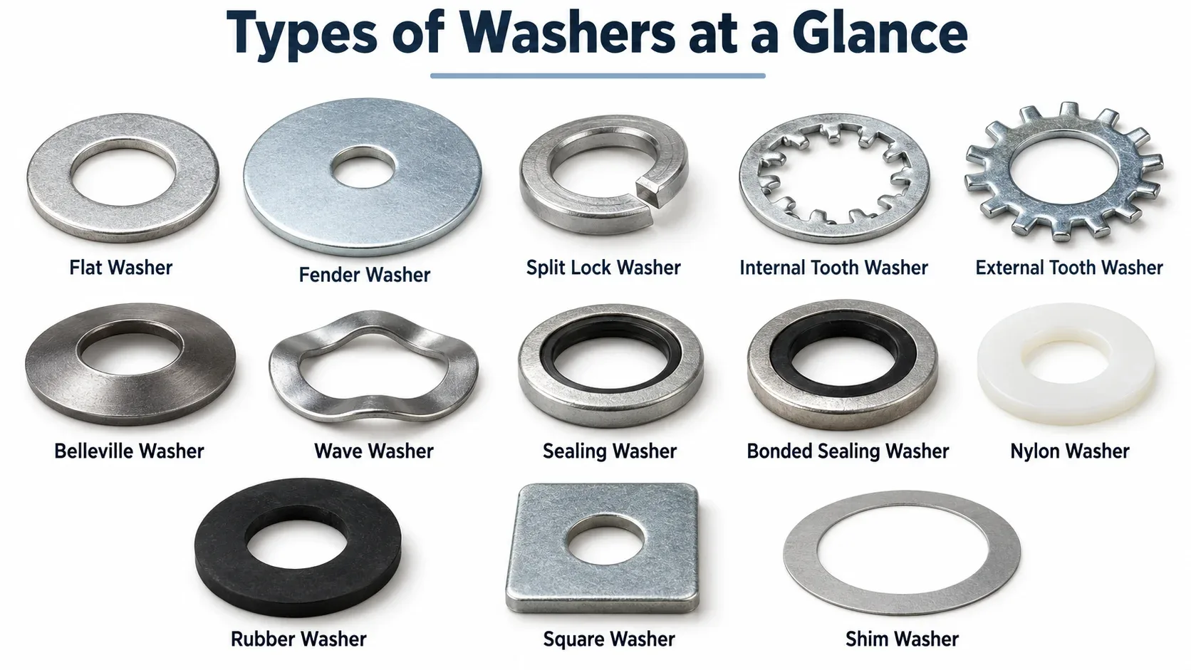Types of washers at a glance including flat fender split lock tooth Belleville wave sealing nylon rubber square and shim washers