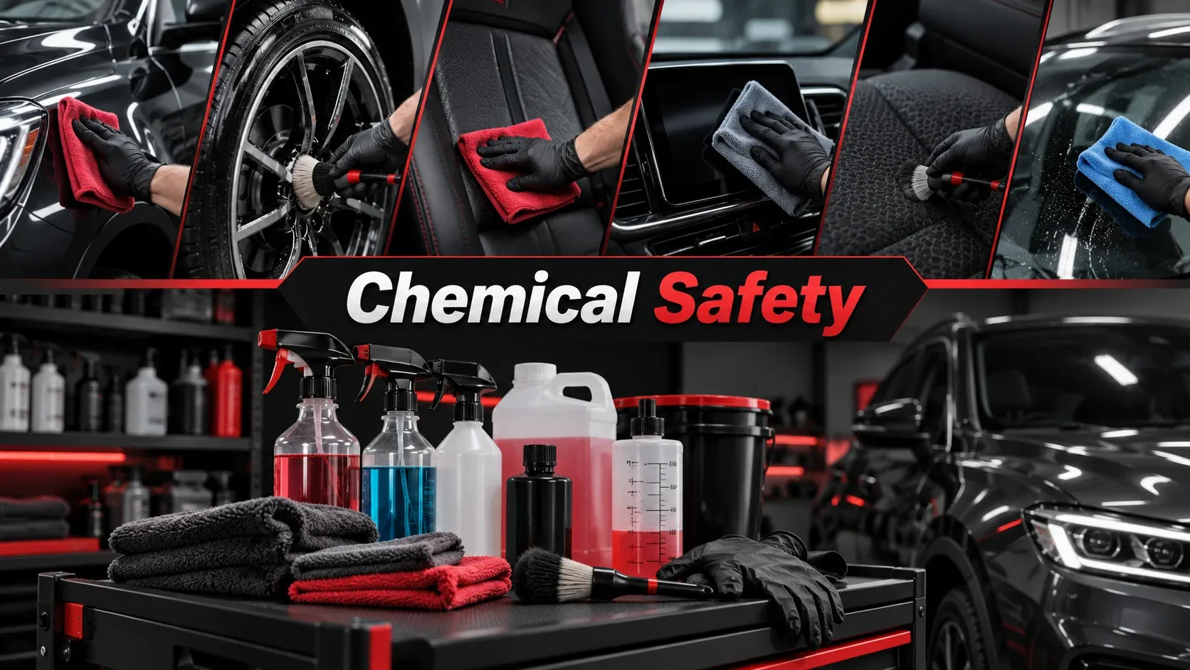 Car detailing chemical safety including protective equipment and appropriate vehicle cleaning products